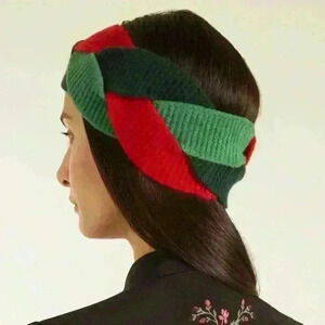 Fashion knit red and green braided multicolor block headband